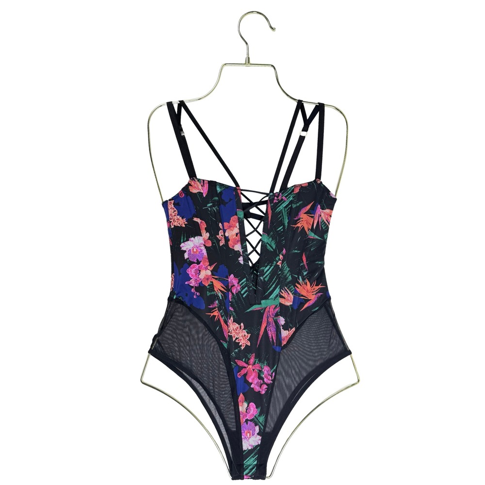 Victoria's Secret Tropical Flower Lace Up Corset Teddy Women Large Black S MWT
